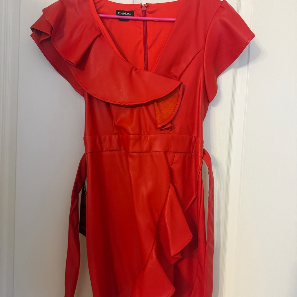 Bebe Faux Leather Vibrant Red Asymmetrical Dress